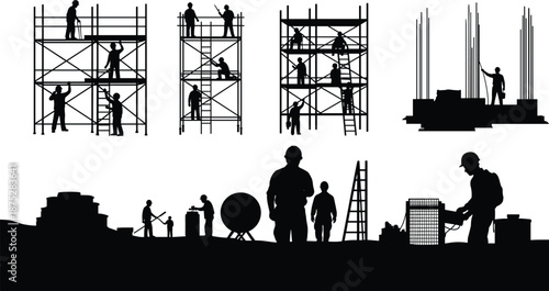 Construction Workers on Scaffolding Silhouette Set, Building Site Laborers Erecting Structure, Vector Illustrations of Hard Hat Engineers and Maintenance for Safety and Industrial Design.