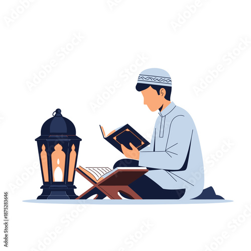 Muslim Man Reading Quran on Prayer Mat Next to Lantern