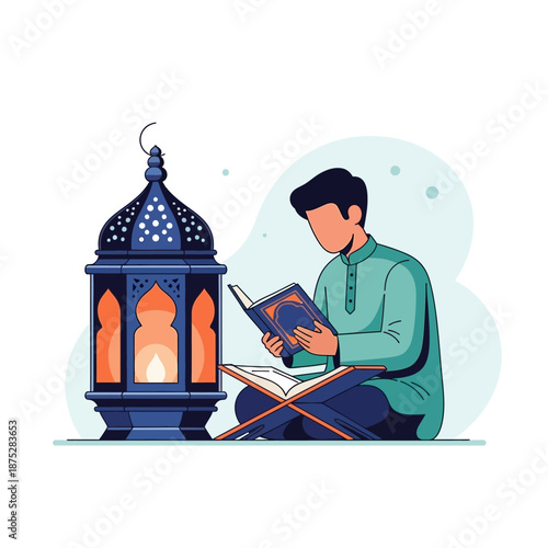 Man Reading Holy Quran by Ramadan Lantern, Islamic Culture, Faith
