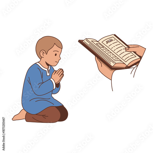 Boy Praying with Quran, Religious Education, Islamic Faith and Devotion