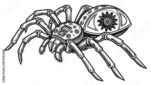 Robotic spider with gear eye and sharp claws on white background futuristic cyborg arachnid illustration