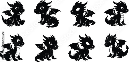 Cute baby dragon silhouette collection featuring adorable cartoon mythological reptile characters mascot set isolated vector