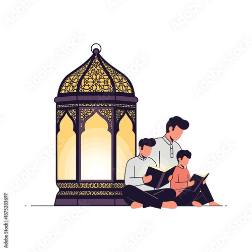 Family Reading Holy Book Beside Ramadan Lantern Illustration