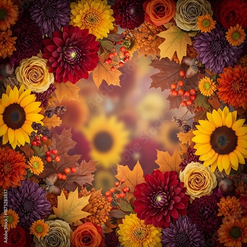 Autumnal floral arrangement with sunflowers, dahlias, roses, and maple leaves.