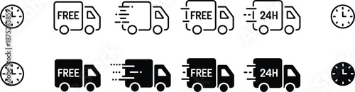 Delivery service icon set featuring free shipping trucks, fast delivery symbols, 24h service, clock timing indicators, logistics concept for ecommerce