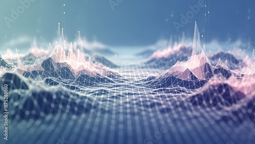 A futuristic landscape of mountains and valleys rendered in a digital grid with neon lights and a blue sky