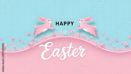 Happy easter greeting card with pink bunnies and pastel colors