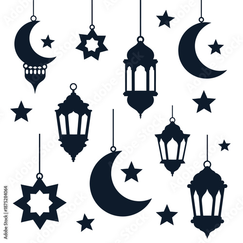 Islamic Lanterns and Crescent Moons with Stars Silhouette - Ramadan Decoration