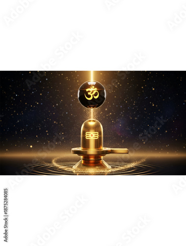 Maha Shivratri golden shivling with om symbol glowing in divine light surrounded by sparkling particles representing holy worship of shiva for hindu festival devotion prayer meditation spirituality