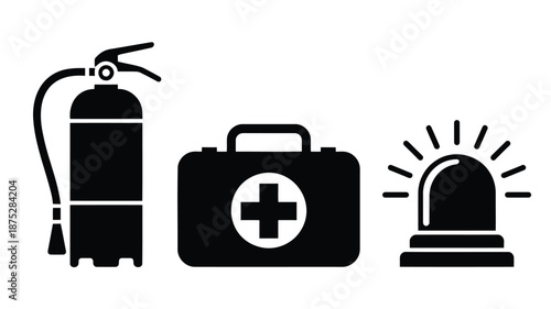 Emergency response icons including fire extinguisher, first aid kit, and alarm