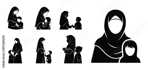 Collection of muslim mother and child silhouettes vector set