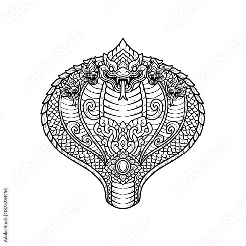 Detailed multi-headed naga cobra illustration, embodying rich Sinhala traditional Awurudu Sri Lanka cultural heritage and mythical serpent symbolism