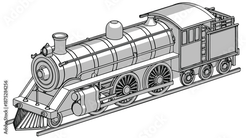 Vintage steam locomotive engine with detailed wheels and boiler on railroad tracks in a side view perspective