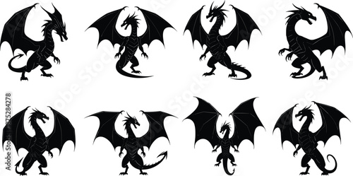 Dynamic winged dragon silhouette collection featuring detailed fierce mythical creature poses ideal for fantasy artwork, gaming design, storytelling illustrations, and creative vector projects
