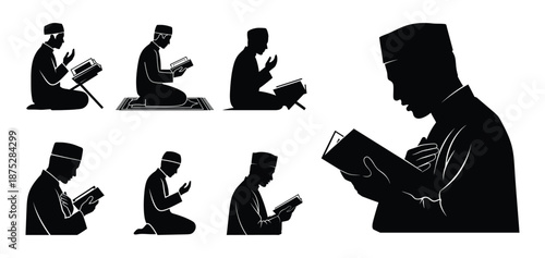 Collection of muslim people praying in various positions vector set