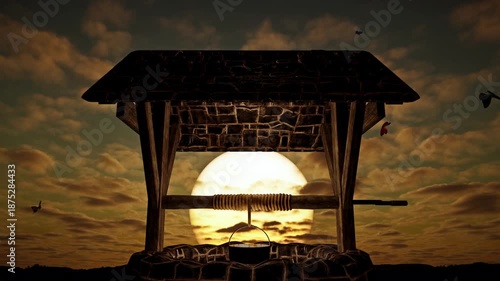 The silhouette of butterflies gently fluttering around an old stone wishing well at sunrise.