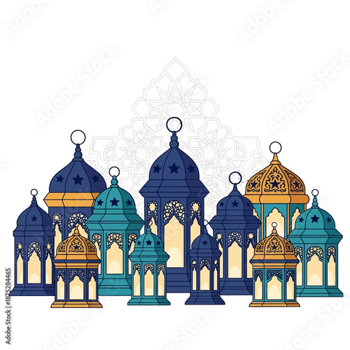 Islamic lanterns collection, Ramadan festive lights, Arabic cultural ornaments, white background