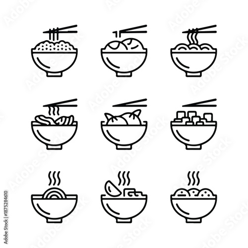 Asian Food Bowls Icon Set – Minimal Line Noodles, Rice & Soup
