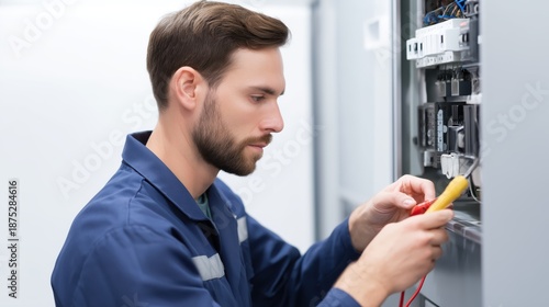 Electrician working on an electrical switchboard, checking connections and voltage with a digital multimeter to ensure proper functioning of the power system