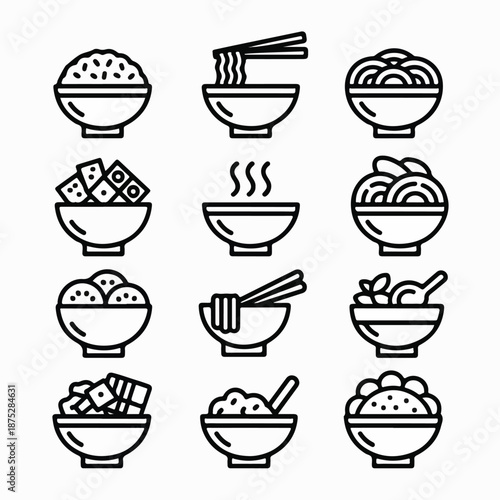 Asian Food Bowls Icon Set – Minimal Line Noodles, Rice & Soup