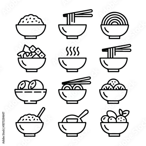 Asian Food Bowls Icon Set – Minimal Line Noodles, Rice & Soup