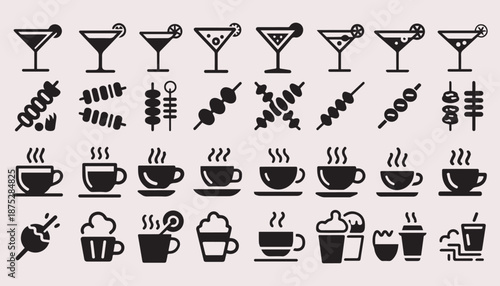 Drink and Food Icon Set Cocktail Coffee Dessert Beverage Minimal Black Silhouette Collection