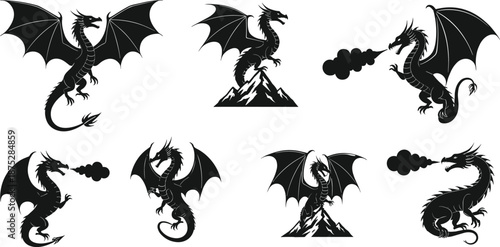 Epic dragon silhouette collection featuring flying, roaring and fire-breathing poses with fantasy creature designs perfect for mythology artwork, tattoos and medieval illustration