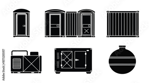 Black icons of portable toilets and shipping containers