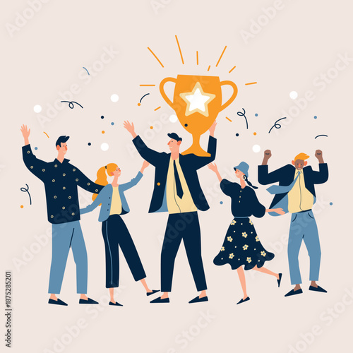 Happy business team celebrating success and victory with golden trophy. Flat vector illustration of achievement, teamwork, leadership, motivation, award, winning, corporate success and goal accomplish