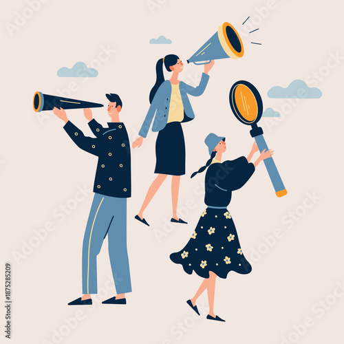 Team of people using megaphone, telescope and magnifying glass for searching ideas, analysis and communication. Flat vector illustration of teamwork, strategy, research, marketing, vision and business