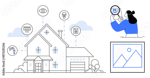 Smart home technology. Smart home integrating data monitoring and connected devices for energy efficiency and security. Smart home solutions for automation, sustainability, and innovation. For tech
