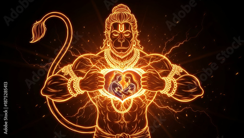 Powerful divine depiction of Lord Hanuman revealing sacred love of Shri Ram and Sita glowing inside his heart symbolizing devotion strength and loyalty for spiritual worship themes