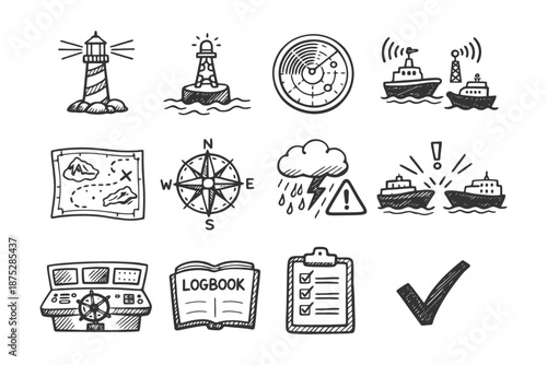 Hand-drawn nautical icons featuring lighthouse, compass, ships, and radar symbols.