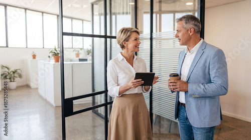 Professional business colleagues discussing work while standing in modern office hallway