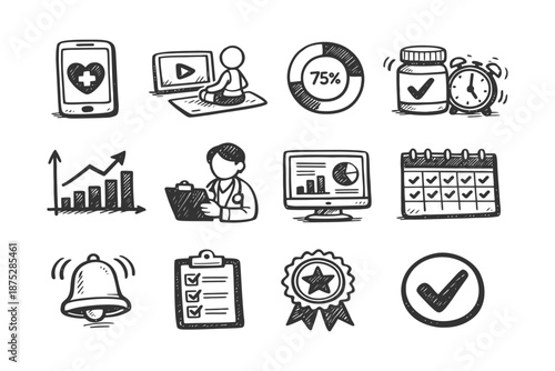 Hand-drawn health and productivity icons collection in black and white.