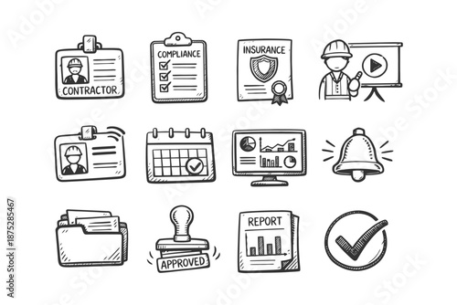 Hand-drawn business icons for compliance, insurance, and project management.