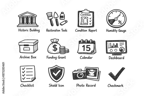 Hand-drawn icons of historic building, restoration tools, and planning elements.