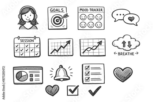 Doodle collection of goal tracking and mood depiction icons.