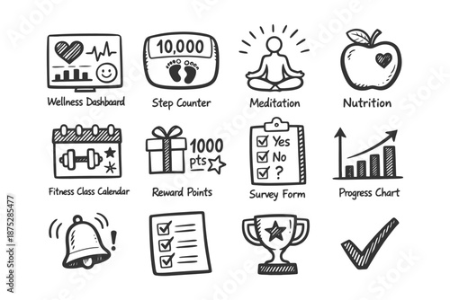 Wellness icons: dashboard, meditation, nutrition, fitness, goals, rewards.