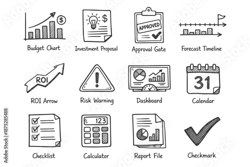 Business icons: budget, roi, approval, timeline, and more in hand-drawn style.