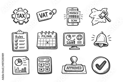 Hand-drawn tax and finance icons including vat, invoice, and approval stamp.