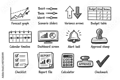 Business tools: graphs, sliders, budget table, calendar, dashboard, alerts, approval, report, calculator.