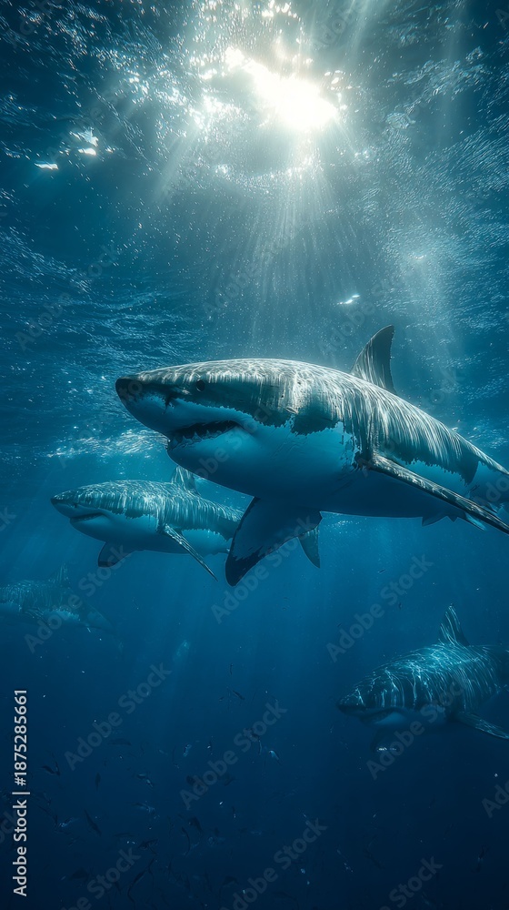 Fototapeta premium Great white shark swimming undersea alongside other sharks. Dangerous marine predator in its natural ocean habitat for wildlife nature or adventure.