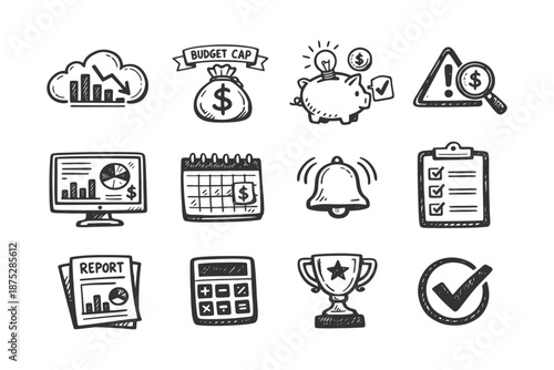 Hand-drawn finance and productivity icons: charts, piggy bank, calendar, trophy, and more.