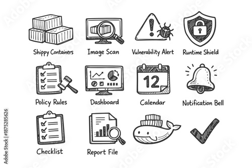 Icons of shipping containers, security alerts, and monitoring tools in hand-drawn style.