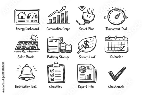 Sustainable energy icons: dashboard, solar, battery, thermostat, savings, and more.