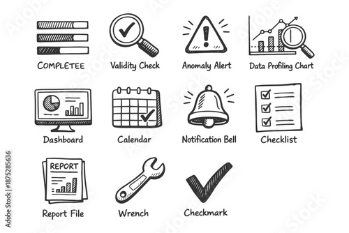 Hand-drawn business icons featuring analytics, alerts, and tools for data management.
