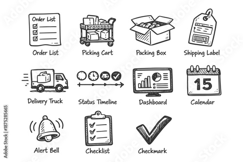 Logistics icons set: order, delivery, dashboard, calendar, checklist.