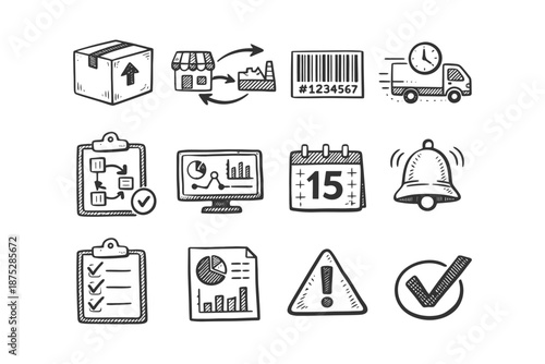 Hand-drawn logistics icons: shipping, tracking, analytics, alert.
