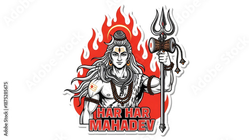 Mahadev lord shiva illustration with trishul damru and fire background powerful hindu god artwork for mahashivratri devotion meditation worship culture temple poster print